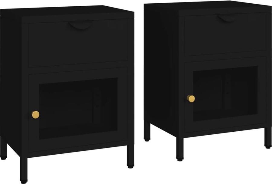 VidaXL Nachtkastjes 2 stuks Staal en glas Zwart Nachtkastjes Staal Glazen Nachtkastjes Zwarte Nachtkastjes Modern Design Slaapkamersdecoratie Opbergkasten Dressoir