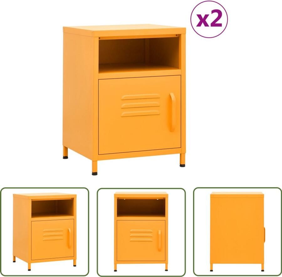 VidaXL Nachtkastjes 2 stuks Staal Mosterdgeel Nachtkastjes Staalkasten Mustard Yellow Furniture Side Tables Bedroom Furniture Living Room Decor