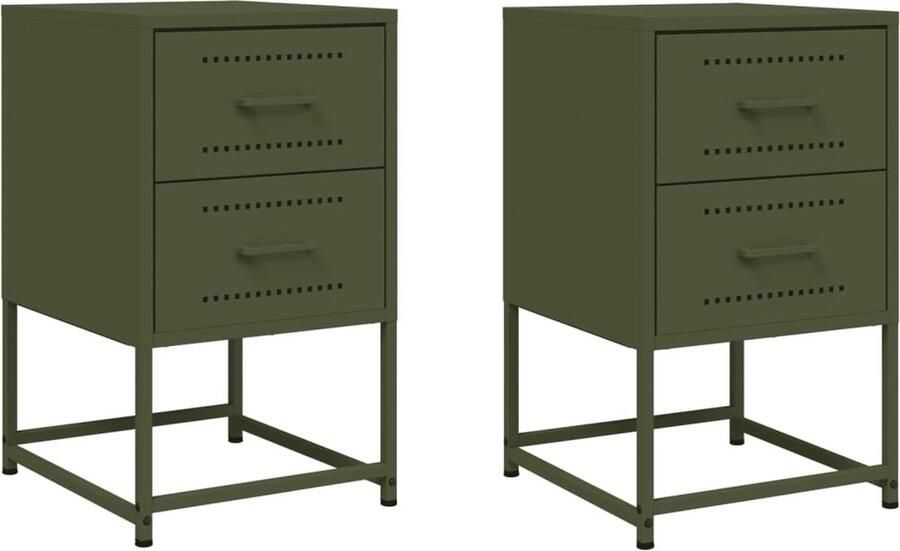VidaXL Nachtkastjes 2 stuks Staal Olijfgroen Nachtkastje Nachtkastjes Houten Nachtkastje Slaapkamerkast - Foto 4