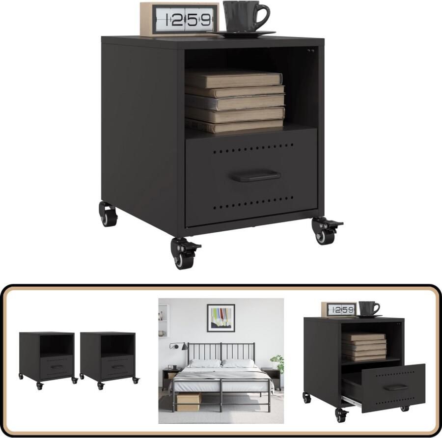 VidaXL Nachtkastjes 2 stuks Staal Zwart Nachtkastje Nachtkastjes Bijzettafel Wandkastje