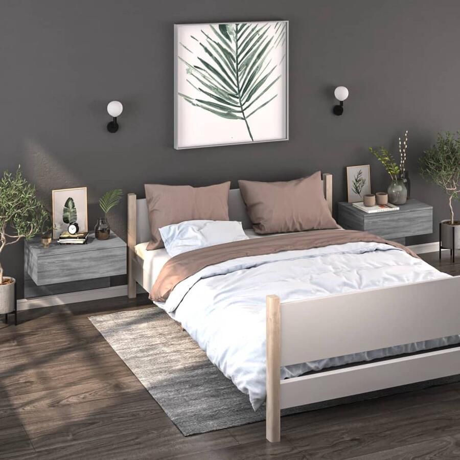VidaXL Nachtkastjes 2 stuks Wandgemonteerd Grijs Eiken Wandlamp Nachtlamp Bergruimte Badkamermeubel Houten Meubels Grijze Meubelen Salontafel Tv Tafel Slaapkamerinrichting - Foto 2