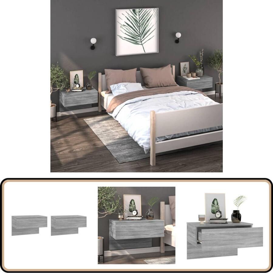 VidaXL Nachtkastjes 2 stuks Wandgemonteerd Grijs Eiken Wandlamp Nachtlamp Bergruimte Badkamermeubel Houten Meubels Grijze Meubelen Salontafel Tv Tafel Slaapkamerinrichting