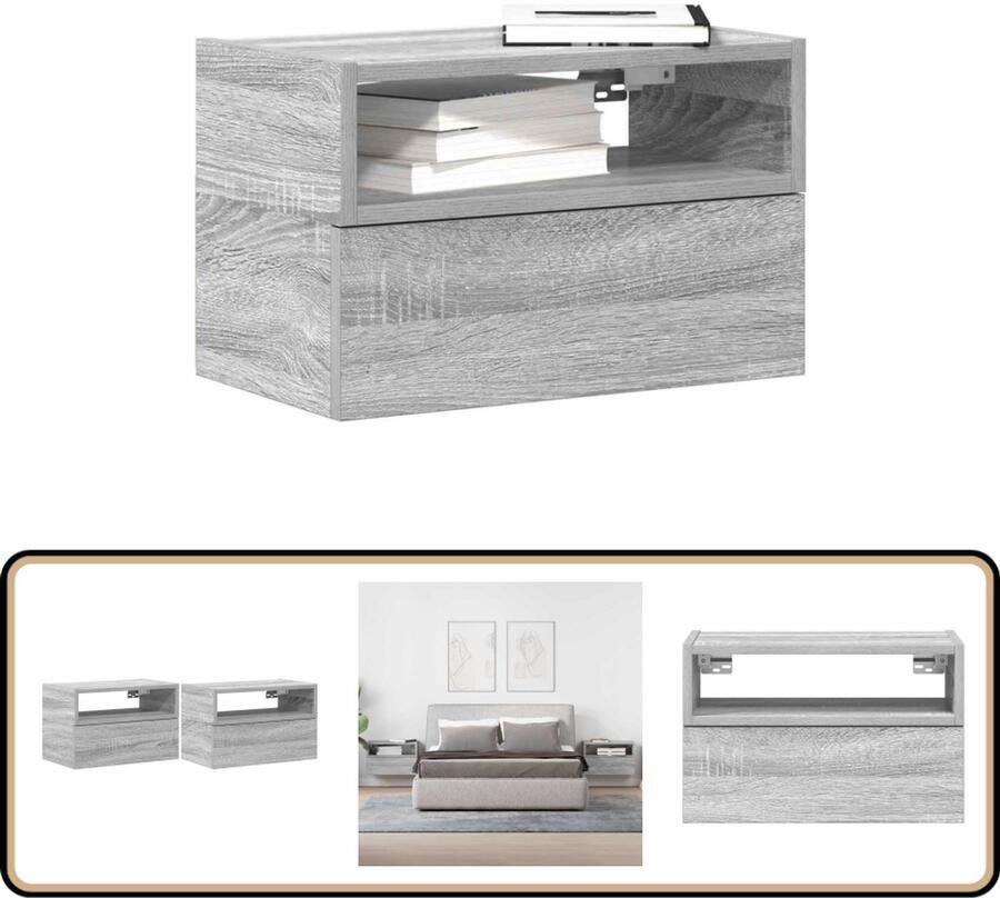 VidaXL Nachtkastjes 2 stuks Wandgemonteerd Grijs eiken Wandnachtkastje Wandnachtkastjes Wandgemonteerd Nachtkastje Wandgemonteerd Bedkastje