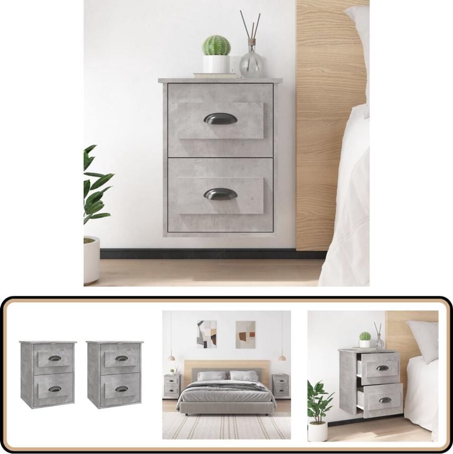 VidaXL Nachtkastjes 2 stuks Wandgemonteerd Grijs Wandkasten Nachtkastjes Kastjes Meubels Slaapkamer Beton Grijs Houten Kasten Opbergruimte