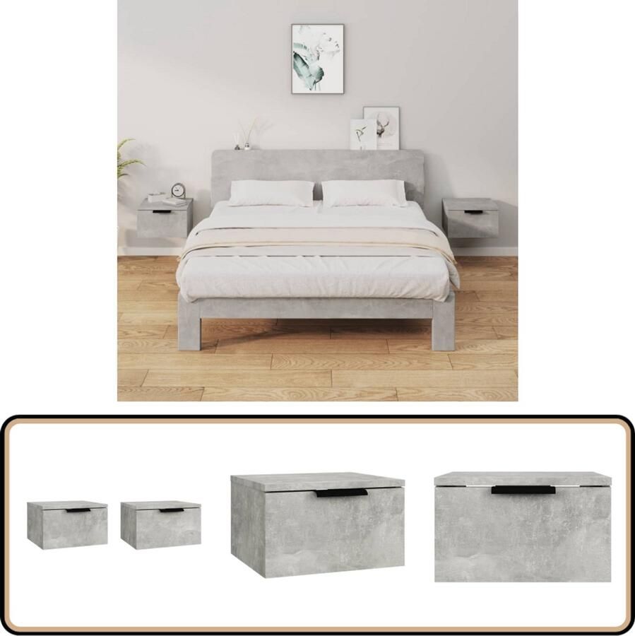 VidaXL Nachtkastjes 2 stuks Wandgemonteerd Grijs Wandlamp Nachtlamp Decoratief Item Slaapkamer Meubilair Kastje Bergruimte Grijze Kamerdecoratie