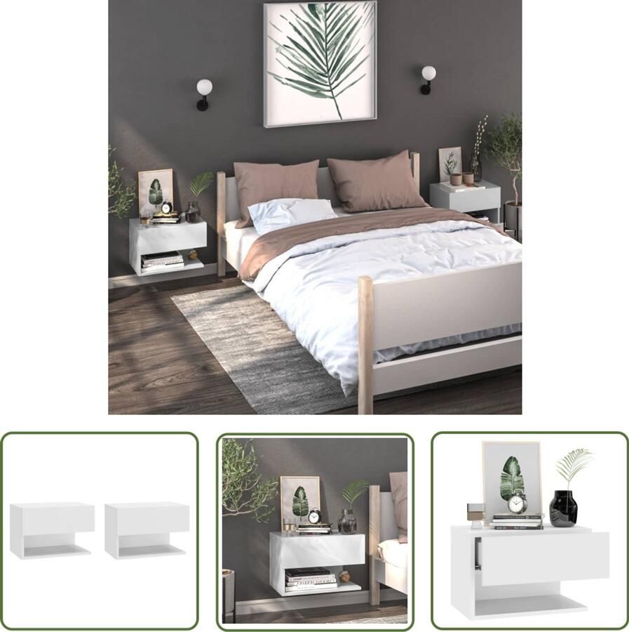 VidaXL Nachtkastjes 2 stuks Wandgemonteerd Wit Wandlamp Nachtlamp Wanddecoratie Bergruimte Slaapkamers Decoratie Houten Meubels Witte Meubel - Foto 2