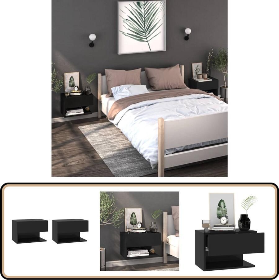 VidaXL Nachtkastjes 2 stuks Wandgemonteerd Zwart Wandlamp Nachtlamp Bergruimte Slaapkamersdecoratie Houten Meubels Zwarte Meubelstukken Compact Bureau
