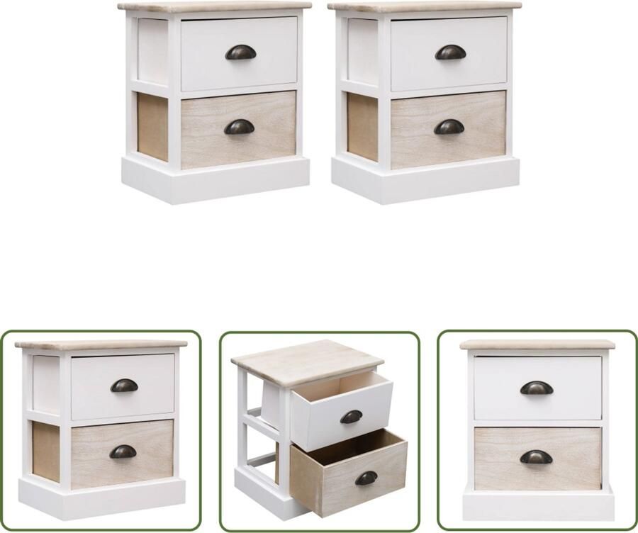 VidaXL Nachtkastjes 2 stuks Wit en Naturel Hout Nachtkast Nachtkastjes Slaapkamer Meubilair Paulownia Hout Houten Kast Witte Kast Landelijke Stijl Bijzettafel Opslagruimte Compact Modern