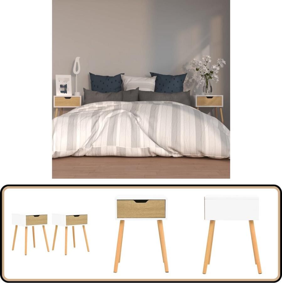 VidaXL Nachtkastjes 2 stuks Wit en Sonoma Eiken Nachtkastjes Slaapkamerinrichting Houten Nachtstand Witte Nachtkast Sonomaeiken