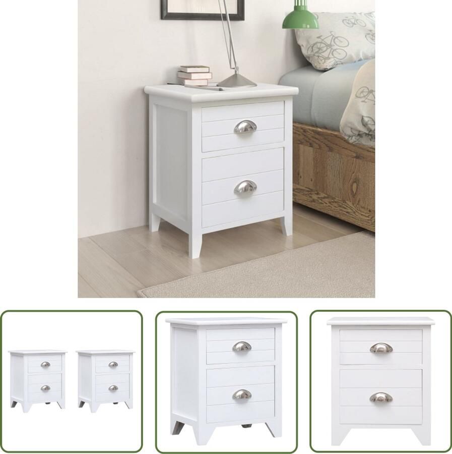 VidaXL Nachtkastjes 2 stuks Wit Met 2 lades Nachtkaste Slaapkamer Meubilair Houten Kasten Witte Kasten Ladekasten Paulownia Hout Compact Meubel Minimalistische Meubelen Stoere Kamerdecoratie Landelijke Woonstijl - Foto 2