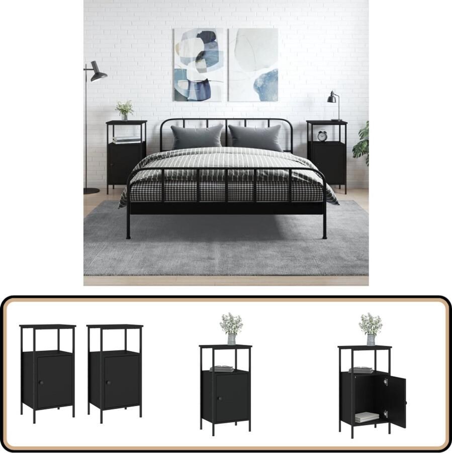 VidaXL Nachtkastjes 2 stuks Zwart 41x31x80 cm Nachtkastjes Industrieel Design Kast Slaapkamermeubilair Zwarte Kleur Houten Kast Metalen Frame Opbergkast