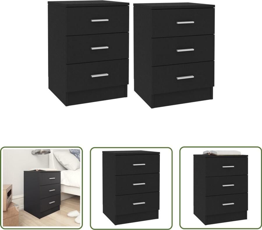 VidaXL Nachtkastjes 2 stuks Zwart Bewerkt hout Nachtkastje Slaapkamer Meubilair Houten Nachtkastje Zwarte Nachtkast Design Nachtkastje Opbergmeubelen Tv Tafel Living Room Furniture