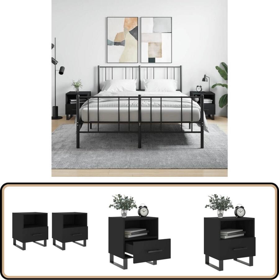 VidaXL Nachtkastjes 2 stuks Zwart Bewerkt hout Nachtkastjes Kast Slaapkamerinrichting Zwarte Meubels Houten Meubelen Modern Design Opbergoplossing Displayfunctie Stapelbare Kasten Minimalistisch Design Duurzame Materialen