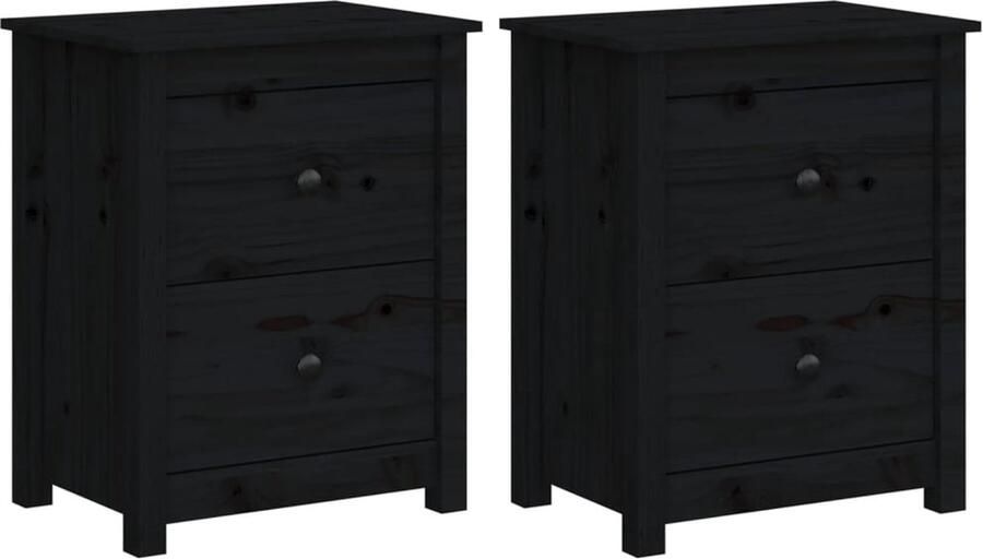 VidaXL Nachtkastjes 2 stuks Zwart Massief grenenhout Nachtkastjes Nachtkast Slaapkamermeubilair Houten Meubel Zwarte Meubels Grenoble Hout Opslagkast Lade