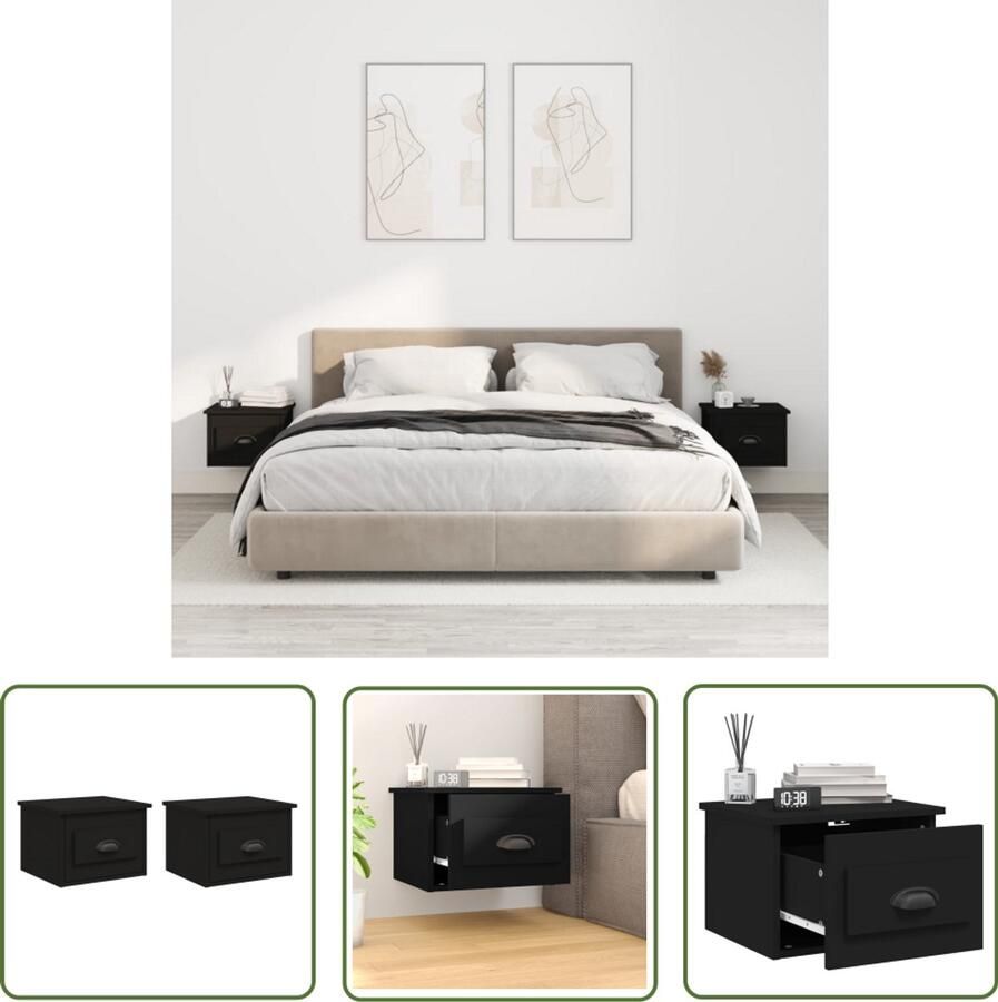 VidaXL Nachtkastjes 2 stuks Zwart Wandgemonteerd Zwevende Nachtkastjes Wandmontage Zwarte Nachtkastjes Houten Nachtkastjes Slaapkamer Meubels Nachtaandacht