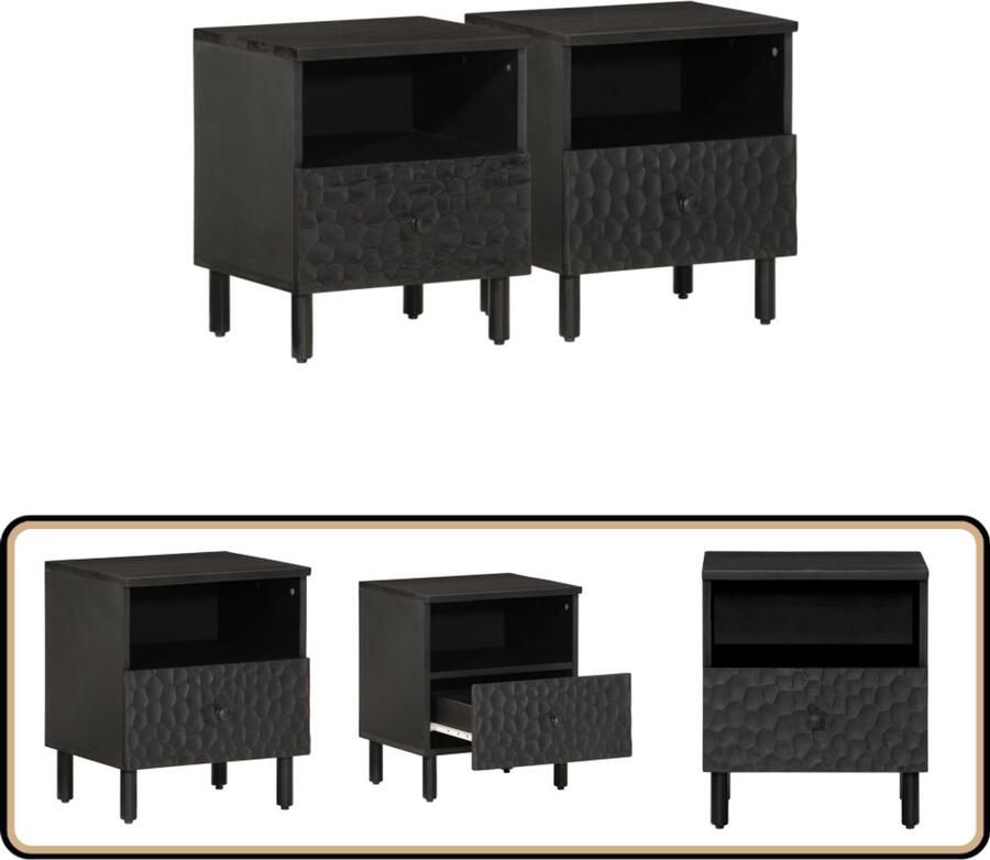 VidaXL Nachtkastjes 2st Mangohout 40x33x46cm Zwart Nachtkastje Bedkasts Mango Wood Furniture Houten Nachttafel Salontafels