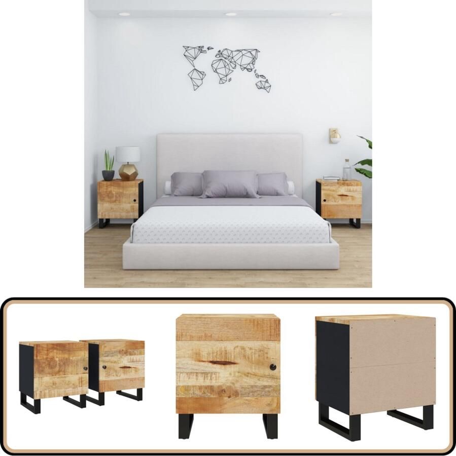 VidaXL Nachtkastjes 40x33x46 cm Mangohout 2 stuks Nachtkastjes Industrieel Design Mango Wood Massief Hout Meubilair Slaapkamer