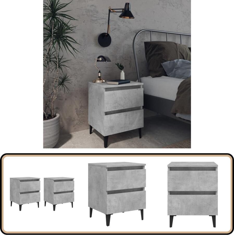 VidaXL Nachtkastjes 40x35x50 cm Set van 2 Betongrijs Nachtkasts Industriële Meubels Betonlook Houten Kasten Slaapkamermeubelen