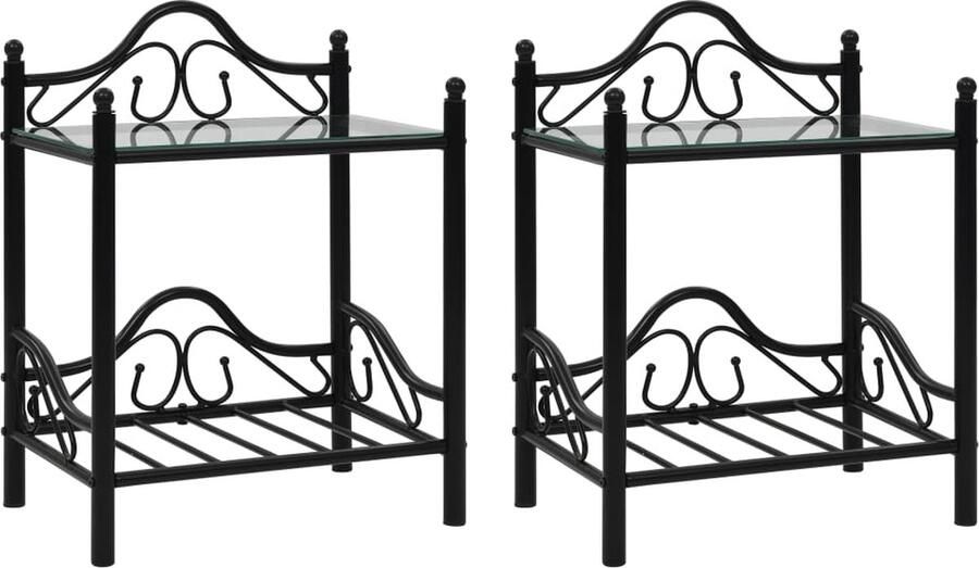 VidaXL Nachtkastjes 45x30 5x60 cm Staal & Glas 2 Stuks Nachtkast Nachtkastje Slaapkamermeubilair Staalkast Glazen Kast Modern Meubilair Zwarte Meubelen Opbergkasten Woonaccessoires - Foto 2