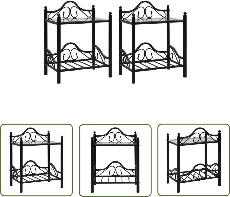 VidaXL Nachtkastjes 45x30 5x60 cm Staal & Glas 2 Stuks Nachtkast Nachtkastje Slaapkamermeubilair Staalkast Glazen Kast Modern Meubilair Zwarte Meubelen Opbergkasten Woonaccessoires