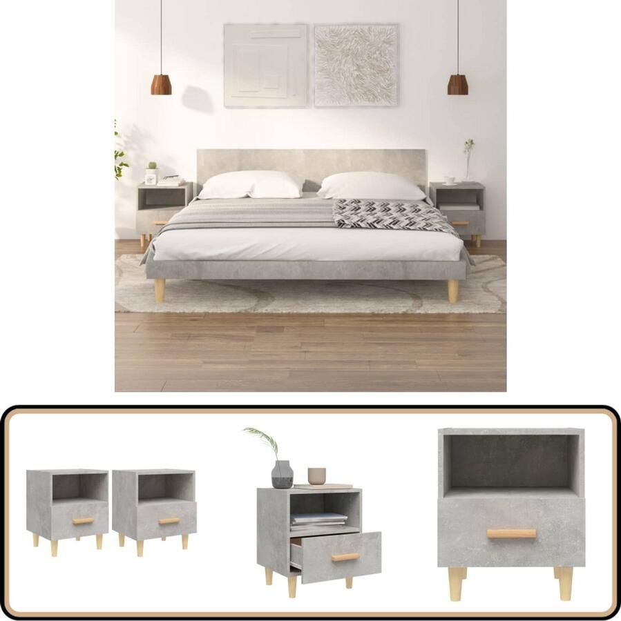 VidaXL Nachtkastjes Betongrijs 40x35x47 cm 2 stuks Nachtkastje Scandinavisch Design Beton Grijs Kast Houten Kast Opbergruimte Slaapkamers