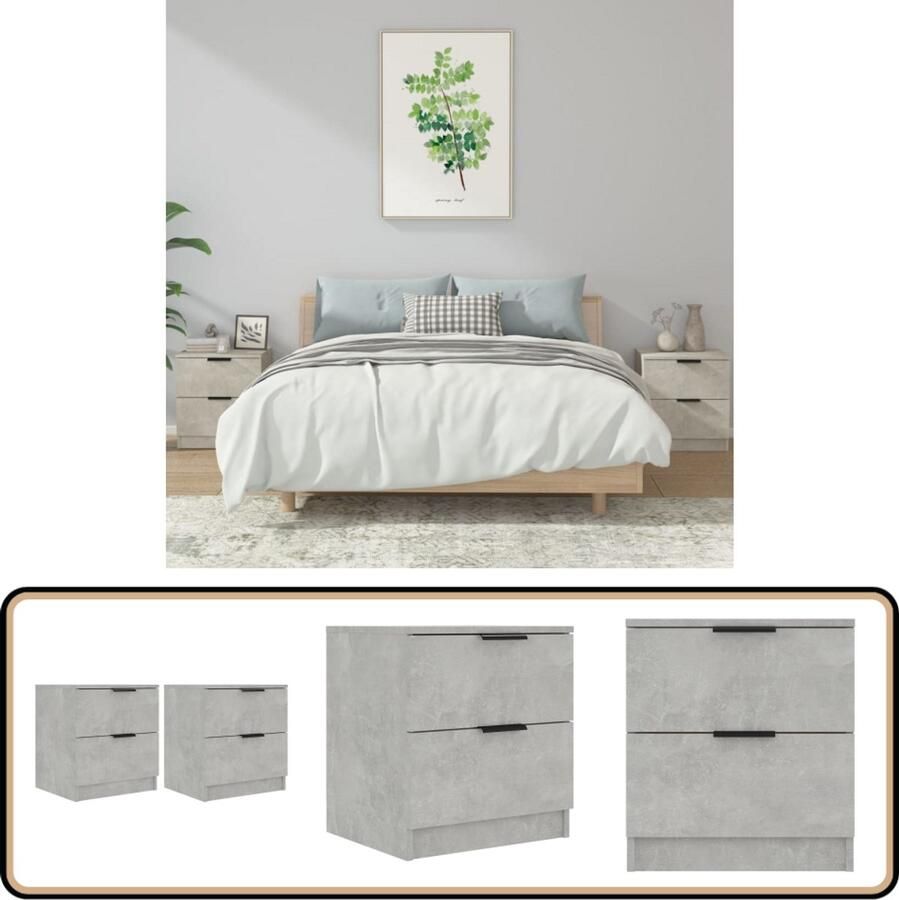 VidaXL Nachtkastjes Betongrijs Set van 2 Bewerkt Hout Nachtkastje Slaapkamer Meubilair Houten Kast Grijze Kast Betonnen Grijs