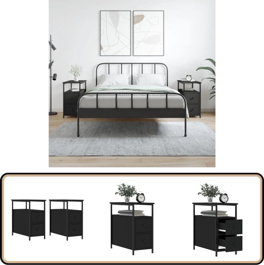 VidaXL Nachtkastjes Bewerkte Hout Set van 2 Nachtkastje Nachtkastjes Slaapkamermeubel Houten Kast Zwarte Kast