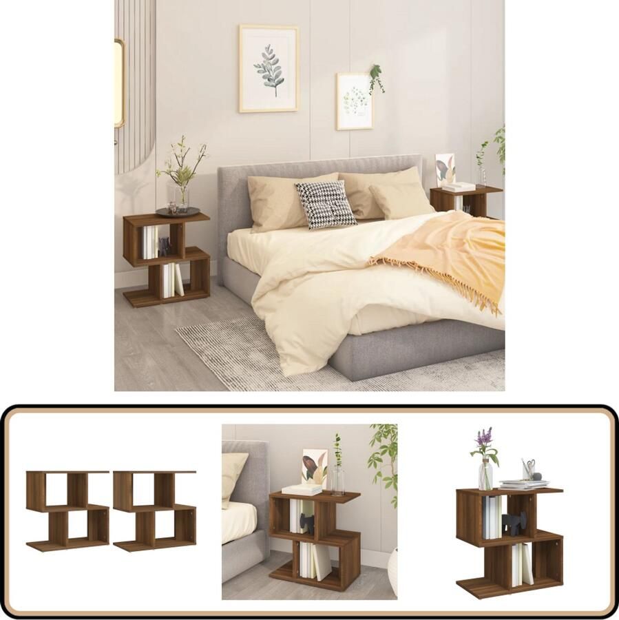VidaXL Nachtkastjes Bruin Eiken Set van 2 Nachtkastje Bijzetkast Houten Kast Slaapkamermeubilair Bruine Eiken Kleur Design Meubel Opbergvak