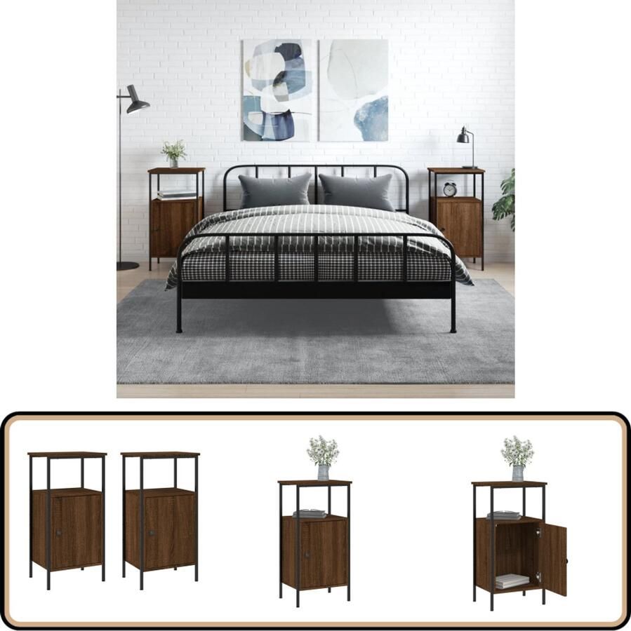 VidaXL Nachtkastjes Bruin Eiken Set van 2 Nachtkastje Industrieel Design Kast Slaapkamermeubilair Houten Kast Bruine Kleur Vintage Stijl