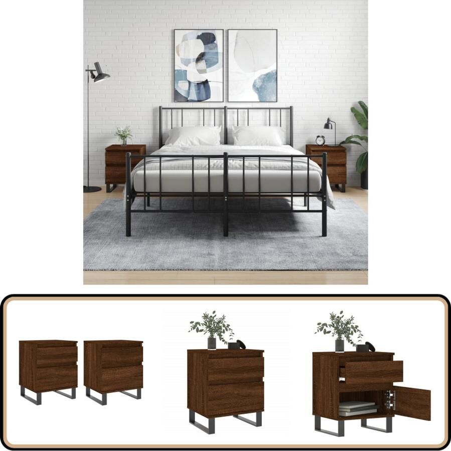 VidaXL Nachtkastjes Bruin Eiken Set van 2 Nachtkastjes Kastje Slaapkamermeubilair Houten Meubel Bruine Kleur