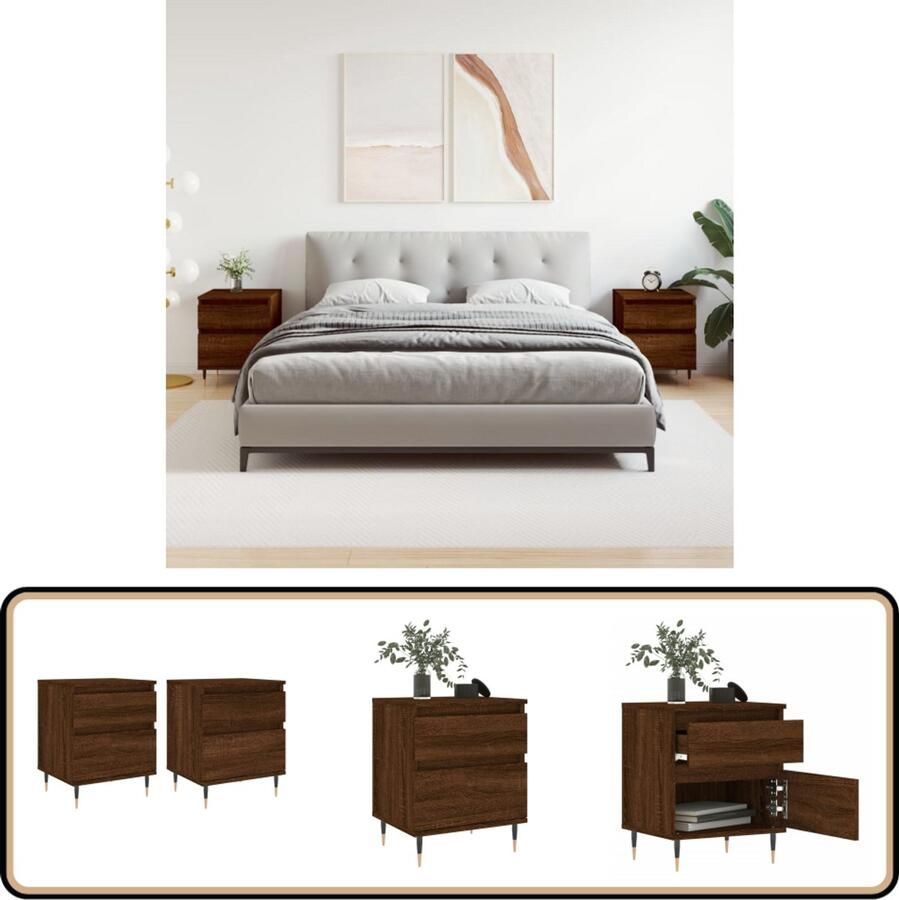 VidaXL Nachtkastjes Bruineiken Set van 2 Nachtkastjes Kastjes Slaapkamermeubilair Houten Meubels Bruine Meubels