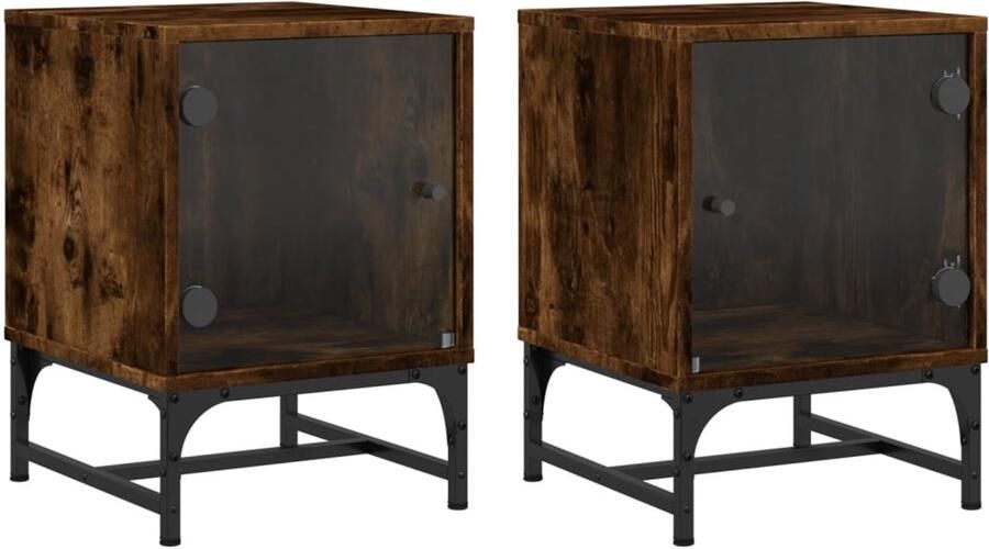 The Living Store Nachtkastjes met glazen deuren 2 st 35x37x50 cm gerookt eiken Nachtkastjes Nachtkast Slaapkamermeubel Houten Meubel Bruine Meubels - Foto 2