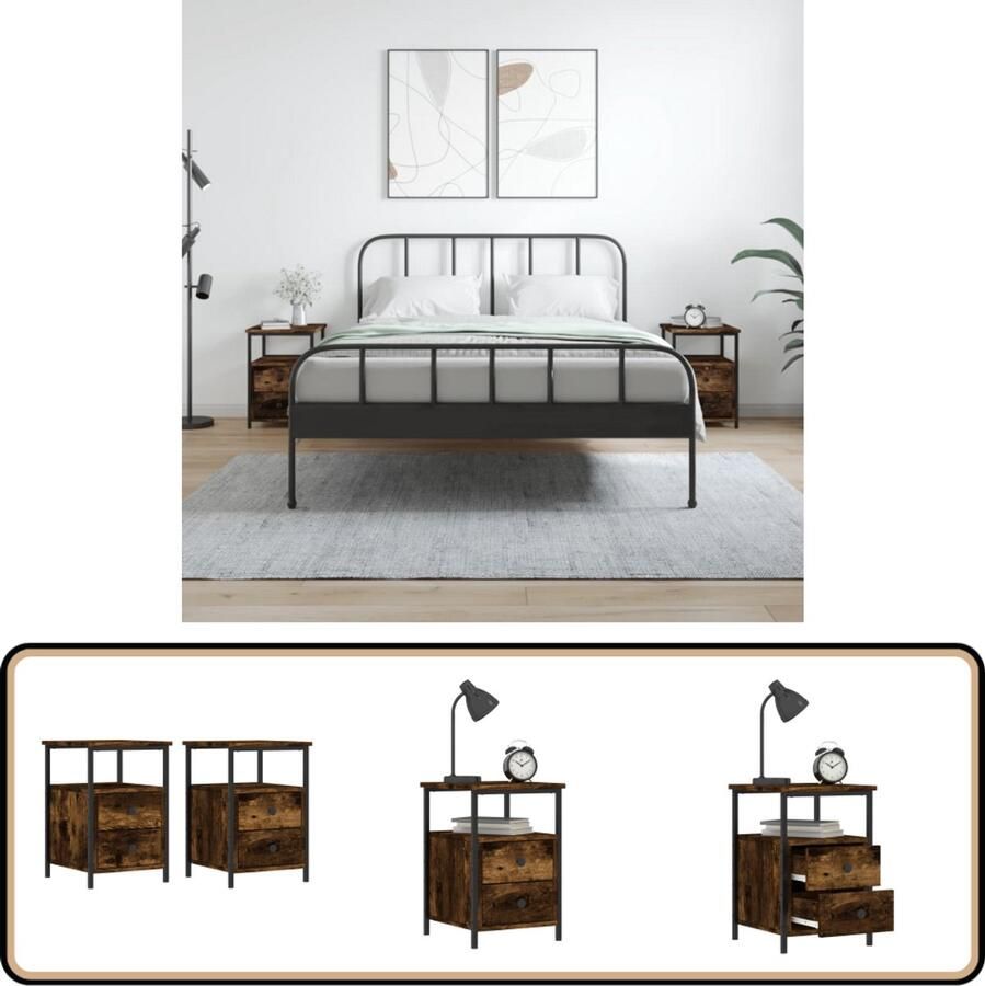 VidaXL Nachtkastjes Gerookt Eiken Set van 2 Nachtkastje Industrieel Design Houten Kast Bruine Kleur Slaapkamer Meubel