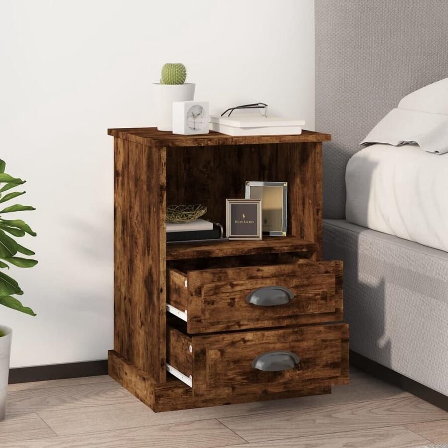 VidaXL Nachtkastjes Gerookt Eiken Set van 2 Nachtkastje Kast Slaapkamermeubilair Houten Meubel Bruine Meubels Gerookte Eiken Bergruimte Opbergvak Stijlvol Meubilair Modern Design - Foto 2