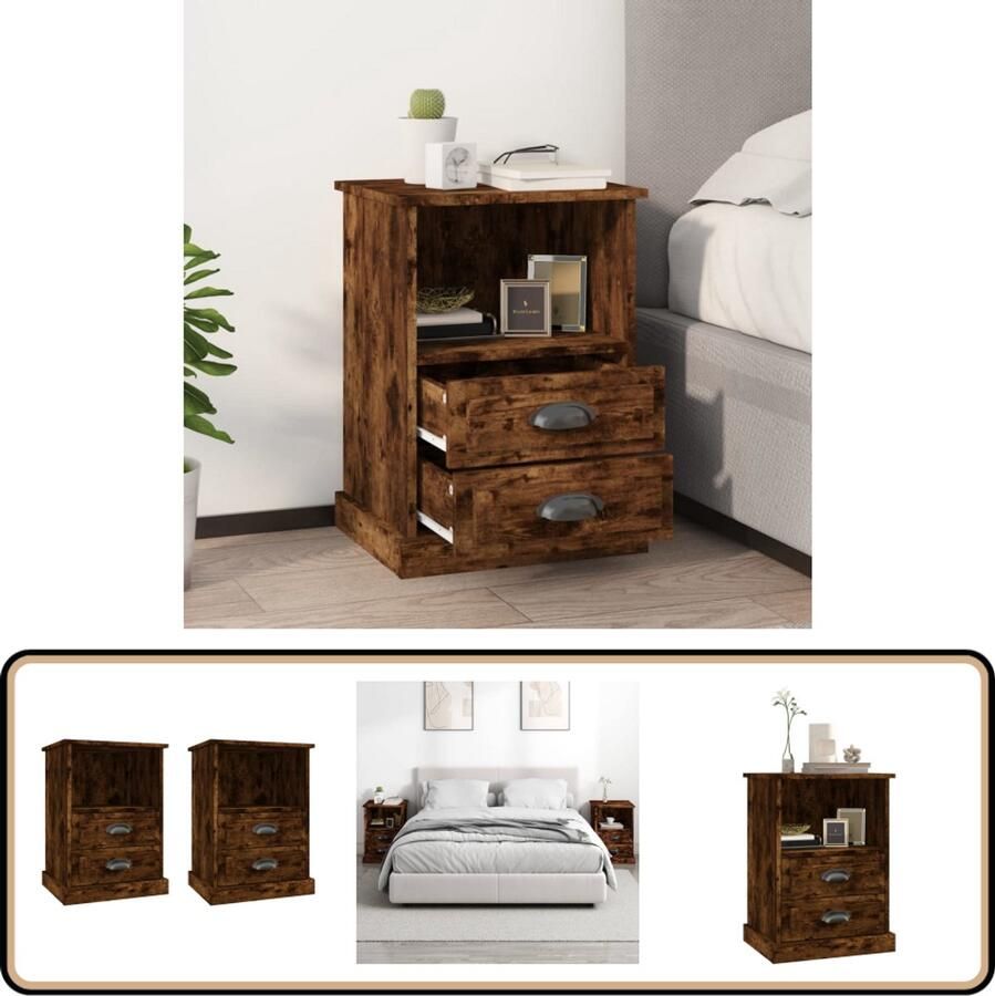 VidaXL Nachtkastjes Gerookt Eiken Set van 2 Nachtkastje Kast Slaapkamermeubilair Houten Meubel Bruine Meubels Gerookte Eiken Bergruimte Opbergvak Stijlvol Meubilair Modern Design