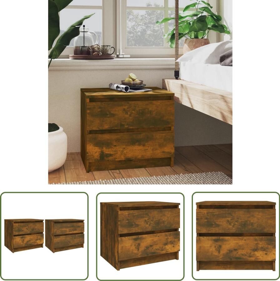 VidaXL Nachtkastjes Gerookt Eiken Set van 2 Nachtkastje Nachtkastjes Houten Nachtkastje Slaapkamer Meubilair Bruine Nachtkast Gerookte Eiken Bewerkt Hout Opbergruimte Minimalistisch Design Modern Design Living Room Furniture - Foto 2