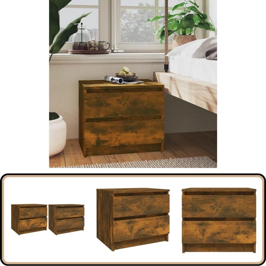 VidaXL Nachtkastjes Gerookt Eiken Set van 2 Nachtkastje Nachtkastjes Houten Nachtkastje Slaapkamer Meubilair Bruine Nachtkast Gerookte Eiken Bewerkt Hout Opbergruimte Minimalistisch Design Modern Design Living Room Furniture