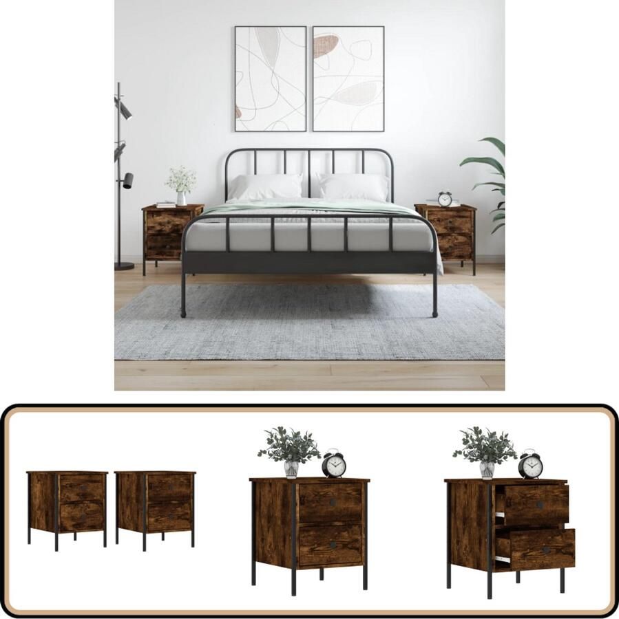 VidaXL Nachtkastjes Gerookt Eiken Set van 2 Nachtkastjes Industrieel Design Kast Slaapkamermeubels Houten Kast