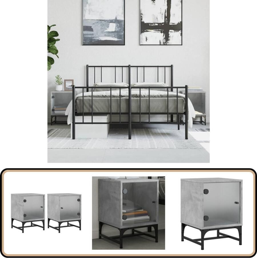 VidaXL Nachtkastjes Glazen Deuren 2 st Betongrijs Nachtkaste Nachtkastjes Set Grijze Kast Houten Kasten Bergruimte