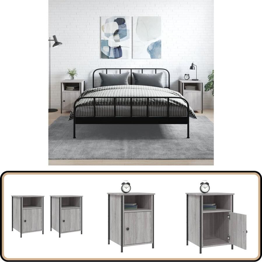 VidaXL Nachtkastjes Grijs Sonoma Eiken Set van 2 Nachtkastje Bedkasts Slaapkamermeubilair Grijze Meubels Houten Meubels