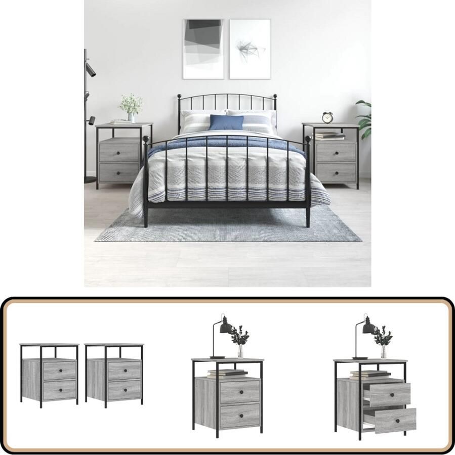 VidaXL Nachtkastjes Grijs Sonoma Eiken Set van 2 Nachtkastje Industrieel Meubel Grijze Nachtkast Houten Nachtkast Slaapkamermeubilair Bergruimte Vintage Look