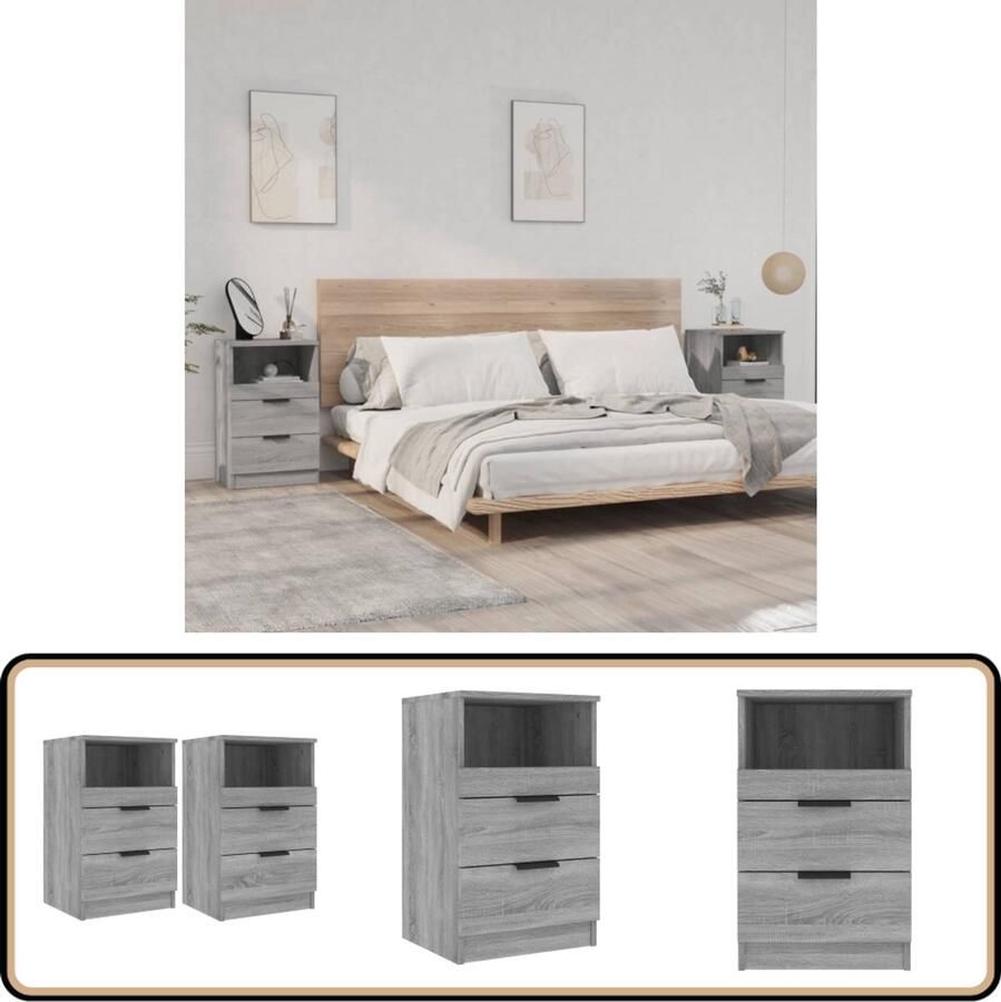 VidaXL Nachtkastjes Grijs Sonoma Eiken Set van 2 Nachtkastje Kastje Slaapkamerinrichting Houten Meubel Grijze Meubels Spaanplaat Bergruimte Opbergvakken Minimalistisch Modern
