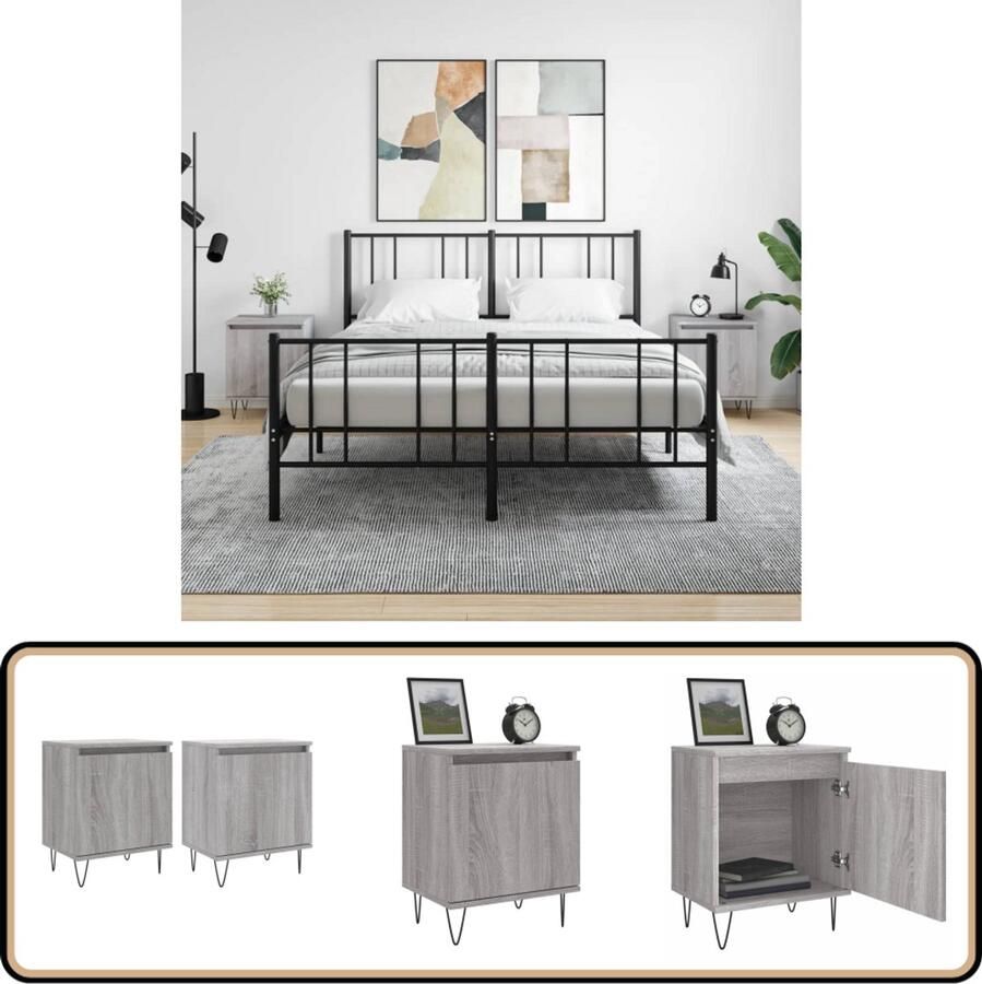 VidaXL Nachtkastjes Grijs Sonoma Eiken Set van 2 Nachtkastje Kastje Slaapkamermeubel Houten Meubel Grijze Kamerdecoratie Opbergvakken Nachtlampje