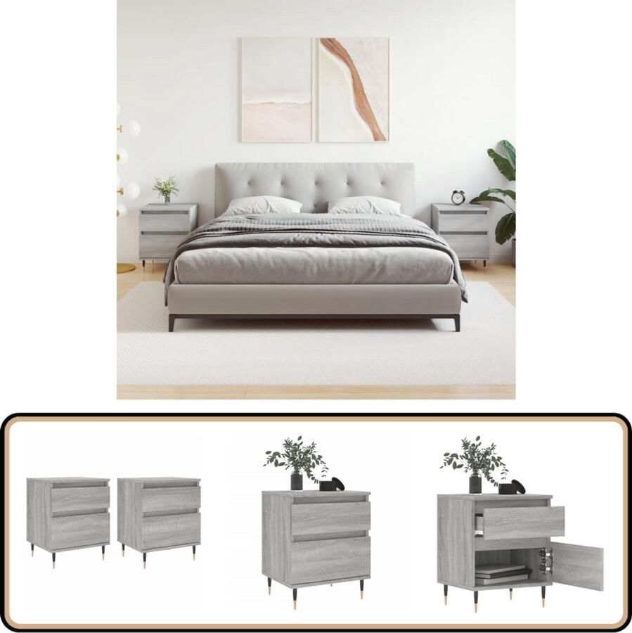 VidaXL Nachtkastjes Grijs Sonoma Eiken Set van 2 Nachtkastje Kastje Slaapkamermeubilair Houten Meubel Grijze Meubels