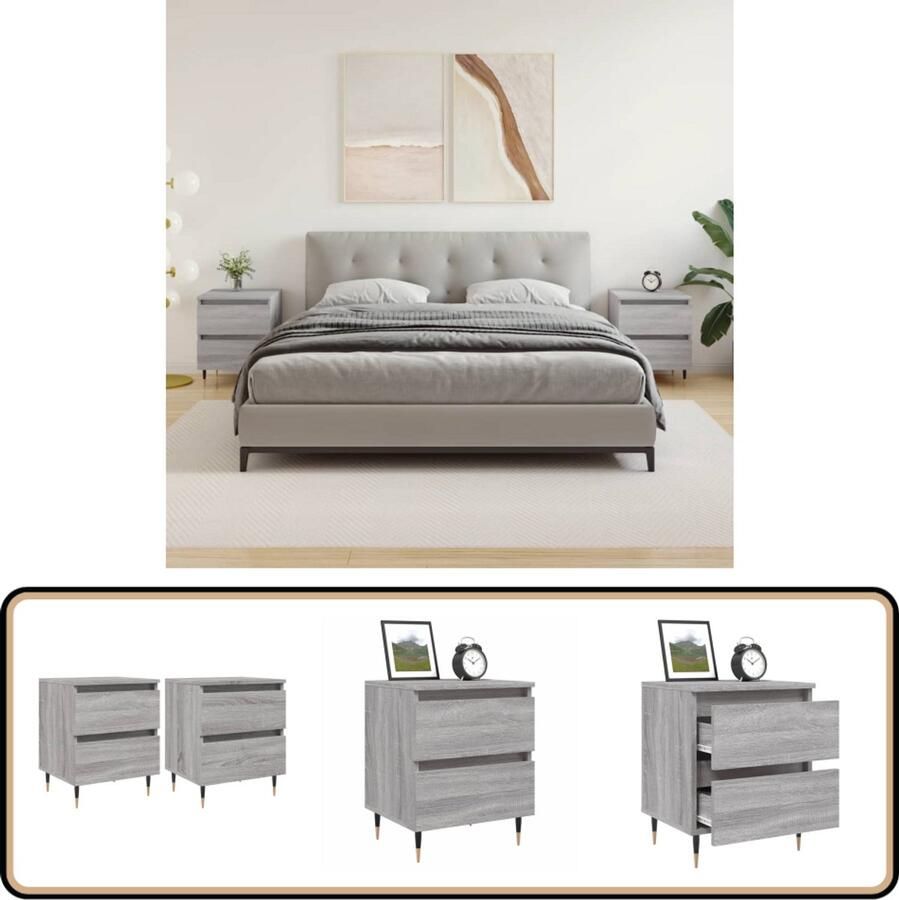 VidaXL Nachtkastjes Grijs Sonoma Eiken Set van 2 Nachtkastjes Bedkasts Grijze Nachtkastjes Houten Nachtkastjes Slaapkamersdecoratie Opbergmeubels Duo Nachtkastjes Salontafel