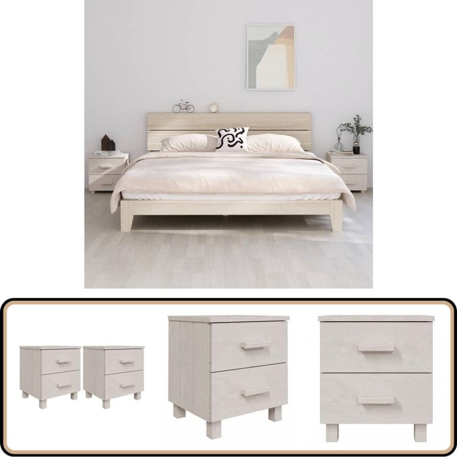 VidaXL Nachtkastjes HAMAR 2 st Wit Grenenhout Nachtkastje Slaapkamer Meubilair Massief Hout Witte Kast Design Meubel