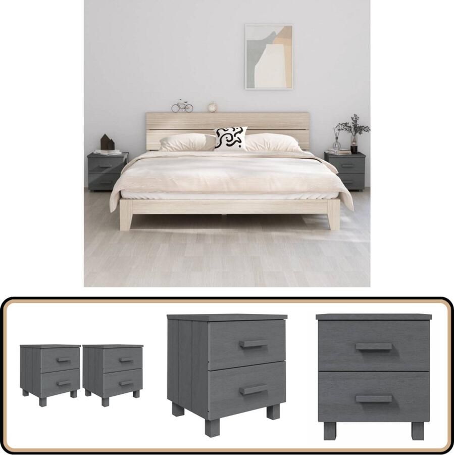 VidaXL Nachtkastjes HAMAR Set van 2 Grenenhout Nachtkastje Kastje Slaapkamer Meubilair Massief Hout Grenenhout Grijze Meubels Design Meubel Opbergruimte Twee Lades Woonaccessoires