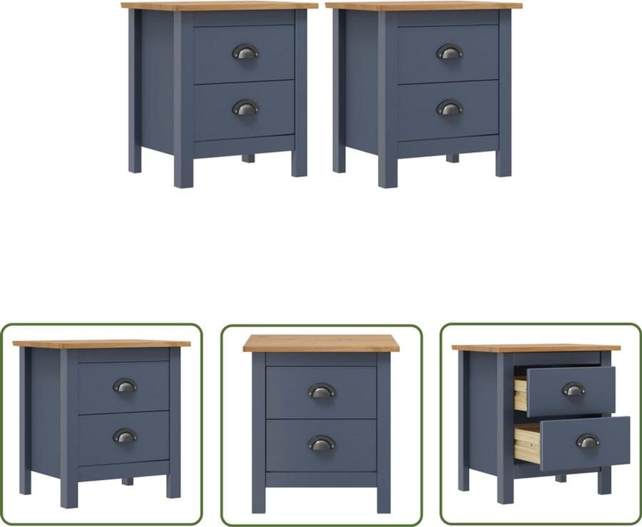 VidaXL Nachtkastjes Hill Set van 2 Grenenhout Grijs Nachtkast Nachtkastje Bedsidetable Slaapkamer Meubels Houten Meubel Grijze Meubelen Vintage Stijl Retro Design Opbergruimte Tweelaags Bed Kamerdecoratie