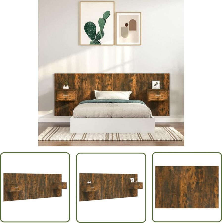 The Living Store Hoofdbord en Nachtkastjes Gerookt eiken Stevig materiaal Wandmontage Opbergruimte Afmetingen- 120 x 80 cm Montage vereist Hoofd Bord Nachtkastjes Wandmontage Houten Meubels Bruine Kleur - Foto 3