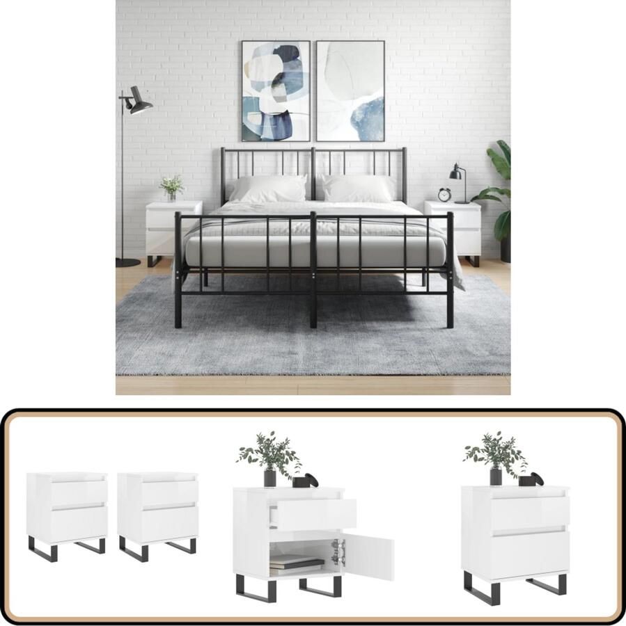 VidaXL Nachtkastjes Hoogglans Wit Set van 2 Nachtkast Kastje Slaapkamermeubel Houten Meubel Witte Meubel Modern Meubel Minimalistisch Meubel Opslagoplossing Woonaccessoires
